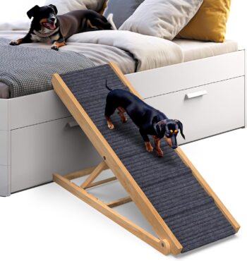 Dog Ramp for Bed Small Dog to Large Dog - Portable Ramp for Dogs, Folding Dog Ramp for All Breeds - Adjustable Wooden Dog Ramp for Couch or Sofa (Natural Wood-Grey Carpet, Small)