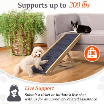 Dog Ramp for Bed Small Dog to Large Dog - Portable Ramp for Dogs, Folding Dog Ramp for All Breeds - Adjustable Wooden Dog Ramp for Couch or Sofa (Natural Wood-Grey Carpet, Small)