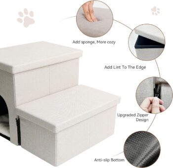 Dog Stairs, Dog Steps for High Beds, Foldable Pet Stairs for Small Dogs Puppy Dog with Storage for Bed and Couch Hold Up to 150 lbs (Beige Gray, 2 Steps with Condo)