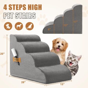 Dog Stairs, Romrol Dog Steps Ramp for High Bed and Couch, Dog Ramp with Durable Non-Slip Waterproof Fabric Cover, Pet Stairs for Small Dogs and Cats or Pets Joints, 4-Tiers,Grey