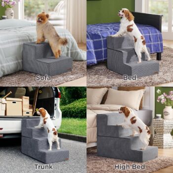 Lesure Dog Stairs for High Beds, Extra Wide Pet Stairs, 4-Steps Dog Steps for Medium/Small Dogs and Old Cats, Foldable Dog Steps with CertiPUR-US Certified Foam and Non-Slip Bottom, Grey