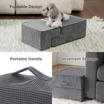 Lesure Dog Stairs for High Beds, Extra Wide Pet Stairs, 4-Steps Dog Steps for Medium/Small Dogs and Old Cats, Foldable Dog Steps with CertiPUR-US Certified Foam and Non-Slip Bottom, Grey