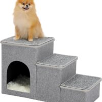 PETEPELA Dog Stairs for Small Dog, Portable Heavy-Loaded [Up to 120 lbs] Dog Steps with Storage Box 3-Step to Couch, Pet Stairs of Wood Lid with Anti-Slip Mats for Small Dogs