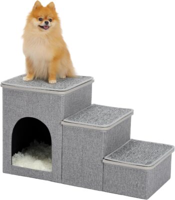 PETEPELA Dog Stairs for Small Dog, Portable Heavy-Loaded [Up to 120 lbs] Dog Steps with Storage Box 3-Step to Couch, Pet Stairs of Wood Lid with Anti-Slip Mats for Small Dogs