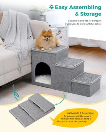 PETEPELA Dog Stairs for Small Dog, Portable Heavy-Loaded [Up to 120 lbs] Dog Steps with Storage Box 3-Step to Couch, Pet Stairs of Wood Lid with Anti-Slip Mats for Small Dogs