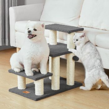 Pawque Dog Stairs & Cat Scratching Post Pet Steps for High Beds Couch, High-Strength Boards Holds up to 150 lbs for Indoor Small Cats Kittens Dogs Climbing Playing, 3 Combination Options, 3 Steps-Grey