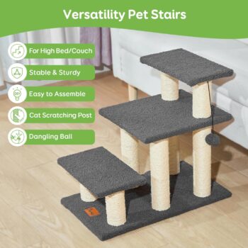 Pawque Dog Stairs & Cat Scratching Post Pet Steps for High Beds Couch, High-Strength Boards Holds up to 150 lbs for Indoor Small Cats Kittens Dogs Climbing Playing, 3 Combination Options, 3 Steps-Grey