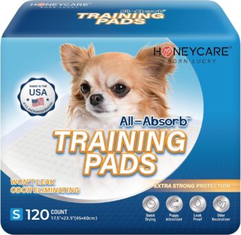 Honey Care All-Absorb, Small 17.5" x 23.5", 120 Count, Dog and Puppy Training Pads, Ultra Absorbent and Odor Eliminating, Leak-Proof 5-Layer Potty Training Pads with Quick-Dry Surface, Blue, A05